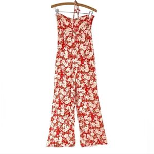 American Eagle Sleeveless Orange Floral Halter Wide Leg Jumpsuit